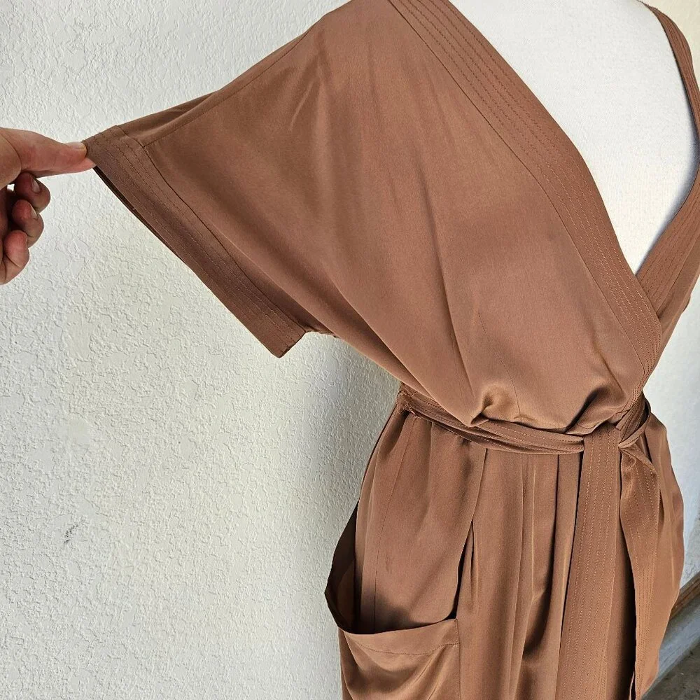 Maeve Anthropologie 100% Silk Warm Brown Faux Mock Wrap Dress Size 14 - Picture 6 of 11